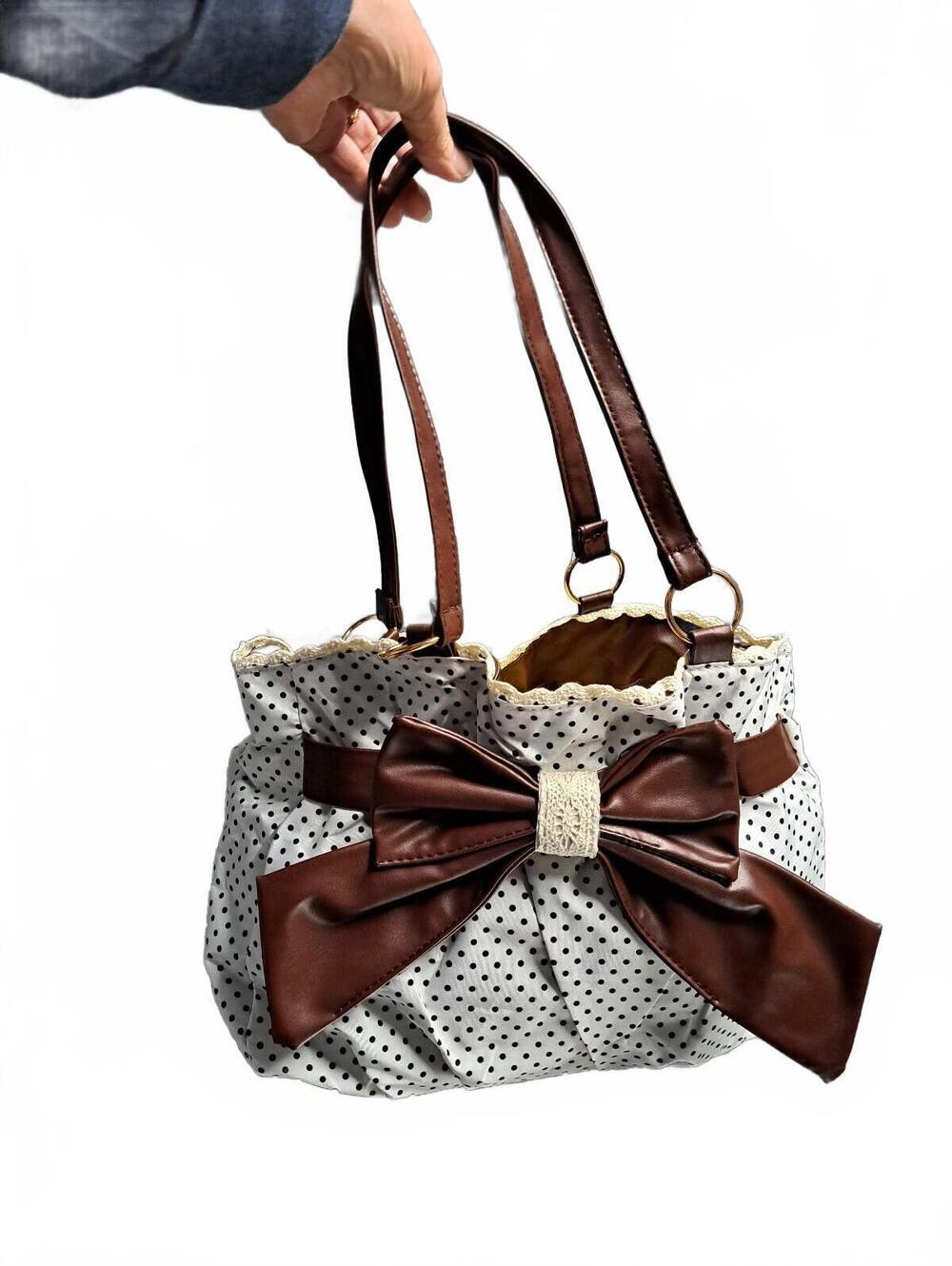 Women's Polka Dot Tote Bag with Brown Bow Accent nwot